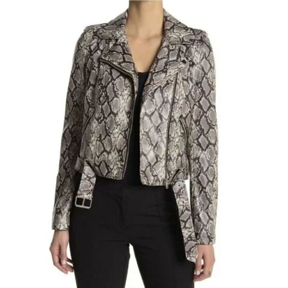 Coffee Shop Faux Leather Zippered Moto Jacket Python Size Medium - Picture 1 of 13